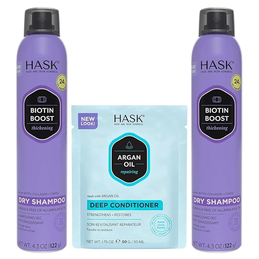 HASK Biotin Boost Thickening Dry Shampoo Duo (4.3oz-Qty 2) & Argan Oil Repairing Deep Conditioner Packette, Aluminum-Free, Sulfate-Free, Paraben-Free, Color Safe, for All Hair Types