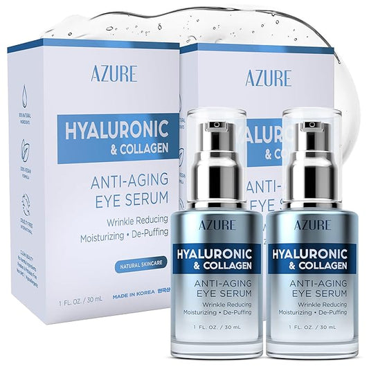 AZURE Hyaluronic & Collagen Anti Aging Eye Serum - Moisturizing, Replenishing & De-Puffing | Reduces Wrinkles, Fine Lines & Under Eye Bags | Locks In Moisture Hydrating Skin | - Pack of 2