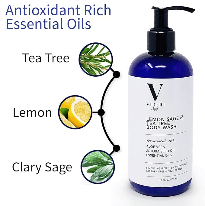 Sulfate Free Body Wash for Sensitive Skin Lemon Sage & Tea Tree Body Wash - Essential Oils, Aloe Vera & Jojoba - Antioxidant Rich, Gentle on Skin & Fresh Citrus Scent - Large 12 fl oz