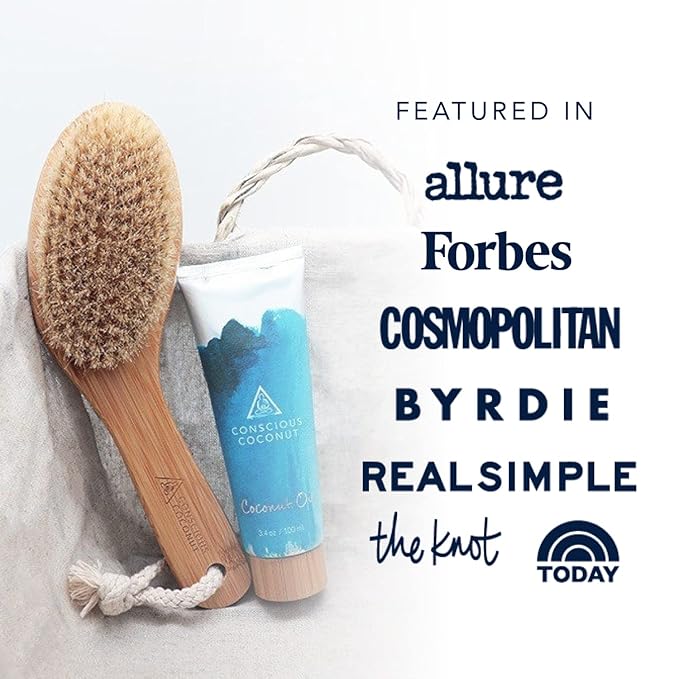 Travel Dry Brush Gift Set Bundle, Certified Organic Coconut Oil Travel Tube, Sustainable Bamboo Body Scrub Brush, Bundle for Skin Care, Great Gift, Exfoliation - Conscious Coconut