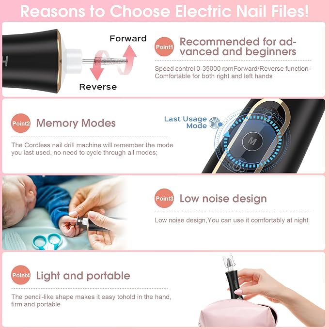 Electric Nail Drill, Professional Manicure Pedicure Kit, Cordless Electric Nail File Set, Rechargeable Pedicure Tools for feet, 10 Speeds Hand Foot Care Nail Drill for -360° LED Light Black