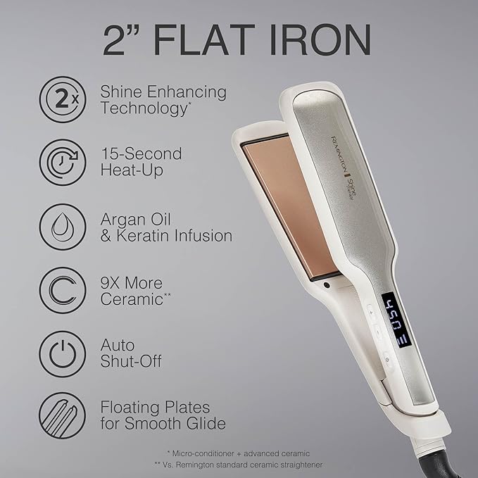Remington Shine Therapy 2 inch Hair Straightener, Flat Iron Infused with Argan Oil & Keratin, Professional Ceramic Flat Iron for Less Frizz, Shiny & Smooth Hot Styling Tools (Pack of 2)