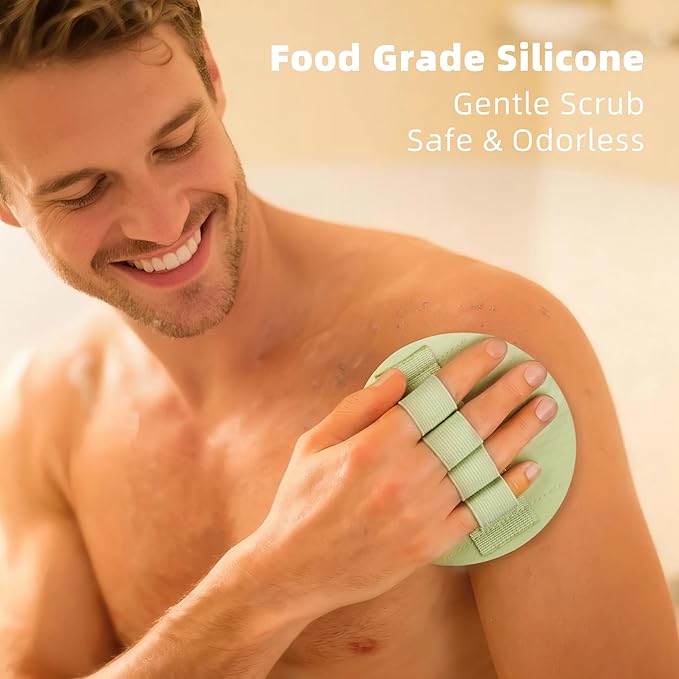 3-Pack Bath Scrubber Kit: 2 Silicone Exfoliating Pats & Double-Sided Long Handle Back Scrubber Bath Puff for Deep Cleansing. (2 Green & Pink)