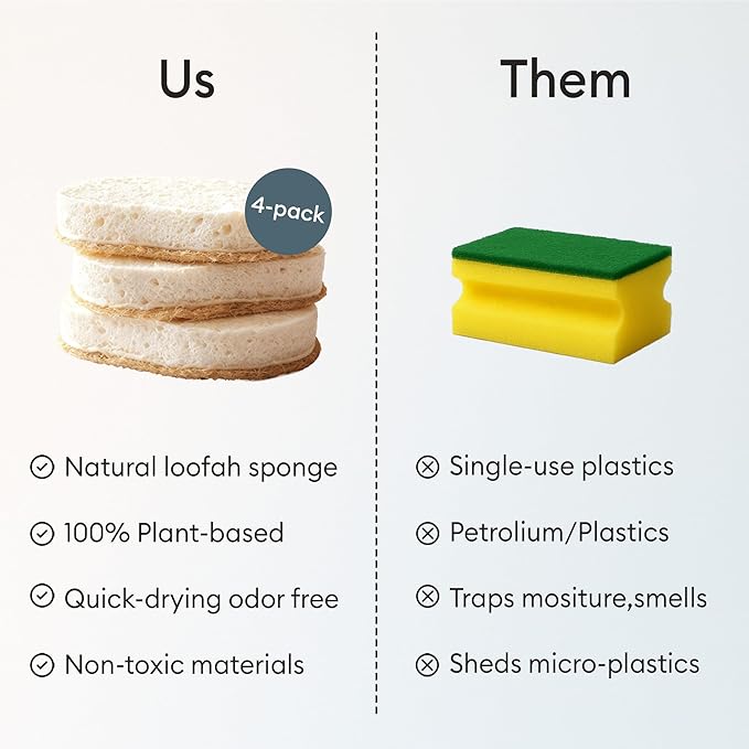 Vove Scrub Sponges 4 Pack, Cellulose & Cotton with Natural Loofah, Eco-Friendly Loofah Dish & Kitchen Sponges, Bathroom Scrubbing Pads, FSC-Certified Packaging
