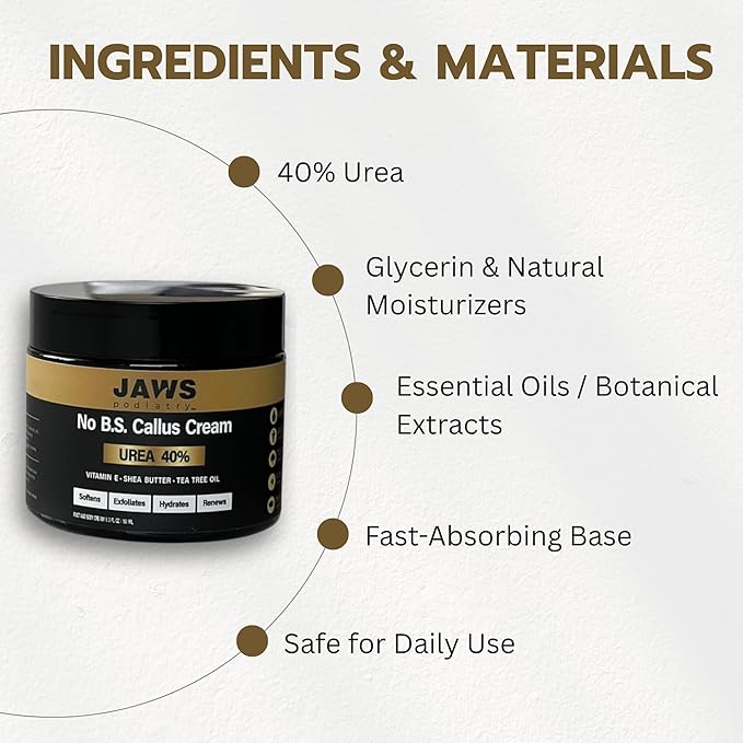 Jaws Podiatry Urea Cream Callus Cream - Foot Cream for Dry Cracked Heels Feet Knees Elbows Hands - 40% Urea Callus Remover For Feet - Soften Exfoliates Hydrates and Renews Skin