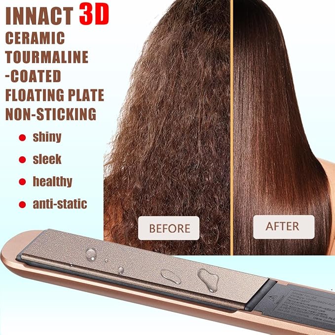 NITION Ceramic Tourmaline Hair Straighteners LCD Flat Iron MCH 10s Fast Heating Up. 1" Smooth 3D Floating Plate Healthy Straightening Tools. Travel Pouch Bag. Dual Voltage. Luxury Gift Box