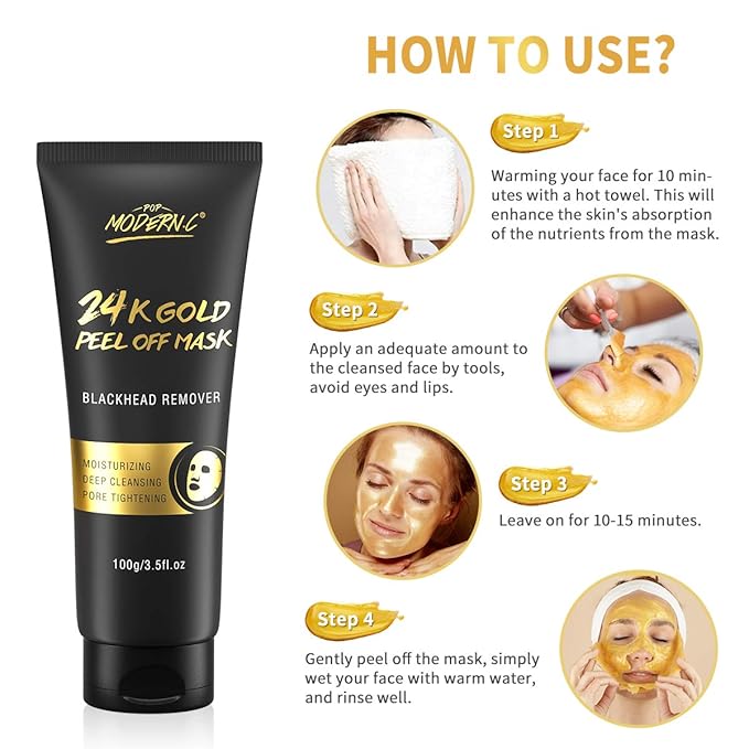 Blackhead Remover Mask, 24K Gold Peel Off Mask, Gold Facial Mask Anti-Aging, Deep Cleansing, Reduces Fine Lines＆ Wrinkles Great for All Skin, With Blackhead Remover Extractor Tools Kit & Brush