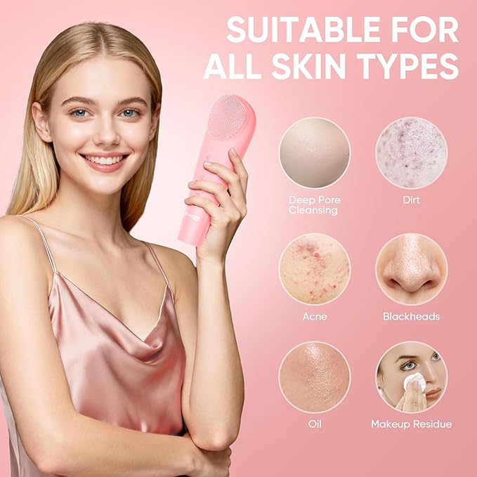Silicone Face Scrubber Blackhead Scraper Rechargeable 2-in-1 Facial Cleansing Brush & Skin Spatula Duo, IPX7 Waterproof Exfoliating Massager Deep Cleansing for Women and Men（Peachy Pink）