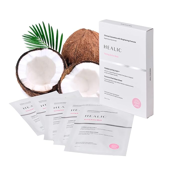Toning Active Mask – Brightening, Hydrating&Soothing Face Mask with Tranexamic Acid & Hyaluronic Acid, Sheet Mask with Coconut Fiber, Gentle for Sensitive Skin, Korean Skin Care, Vegan, 5EA