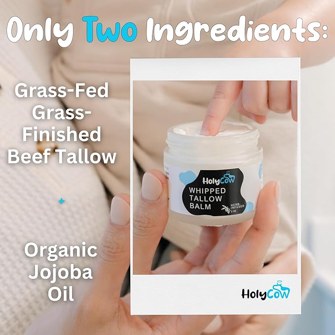 HolyCow Beef Tallow For Skin - Whipped Tallow Balm with Organic Jojoba Oil (Unscented/Herb-Infused), Grass Fed Beef Tallow Face Moisturizer for Eczema, Baby, Lip Balm - Lotion For Extremely Dry Skin