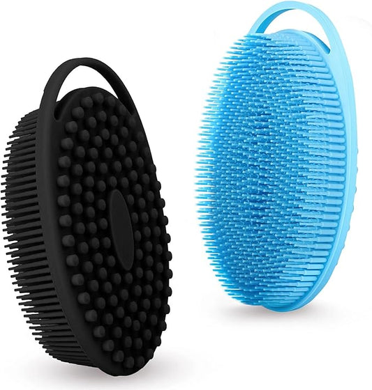 Silicone Loofah Body Scrubber for Shower - 2 PCS Soft & Gentle Loofah Alternative for Sensitive Skin, Fast-Drying & Hygienic Body Wash Scrubber Brush for Women, Men & Kids, Lather Well(Black and Blue)