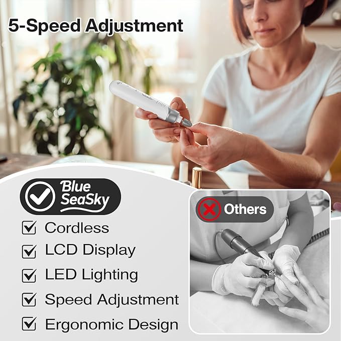 Professional Electric Nail Drill 2000mAH Portable Cordless Electric Nail File 10 in 1 Manicure Pedicure Kit ,5-Speeds Toe Nail Tools Hand Foot Care,Thick Toenail Grinder for Women Men Pets (Silver)