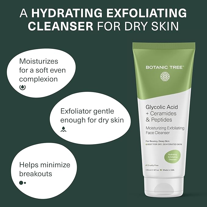 Botanic Tree Hydrating Glycolic Acid Cleanser - Exfoliating Face Wash - Face Cleanser for Women - Also with Ceramides & Peptides, Gently - for Dewy Bouncy Skin - 6oz
