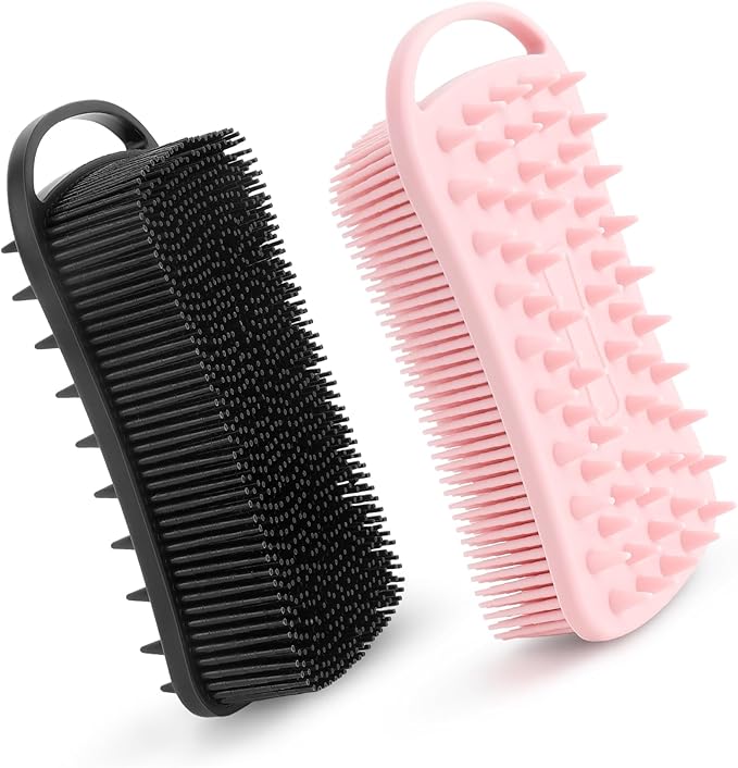 2 PCS Soft Silicone Body Scrubber, 2 in 1 Exfoliating Shower Bath Scrubber, Silicone Loofah Bath and Shampoo Brush Body Shower Use Shower Hair Scalp Massager, Easy to Clean, Lather Well (Black&Pink)