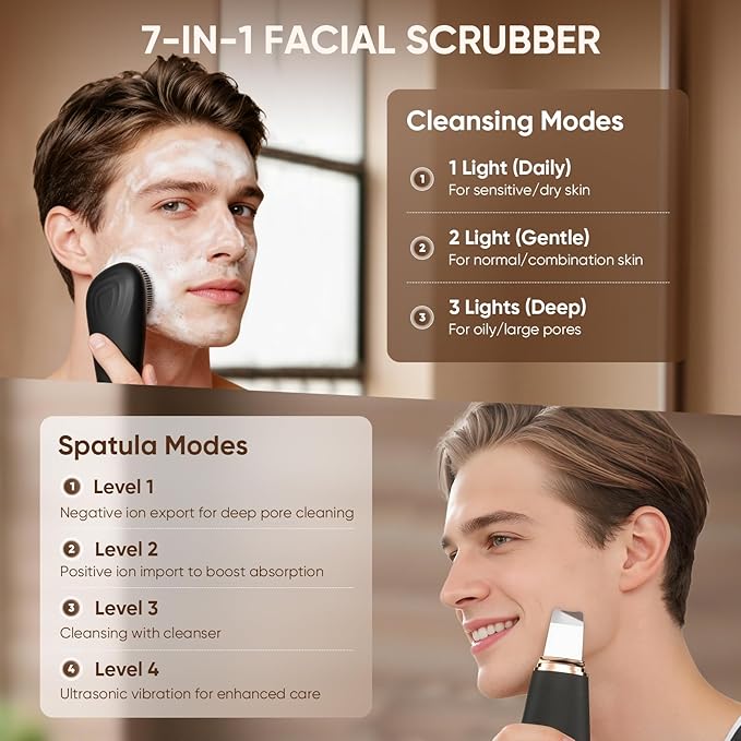 Silicone Face Scrubber Blackhead Scraper Rechargeable 2-in-1 Facial Cleansing Brush & Skin Spatula Duo, IPX7 Waterproof Exfoliating Massager Deep Cleansing for Women and Men（Black）