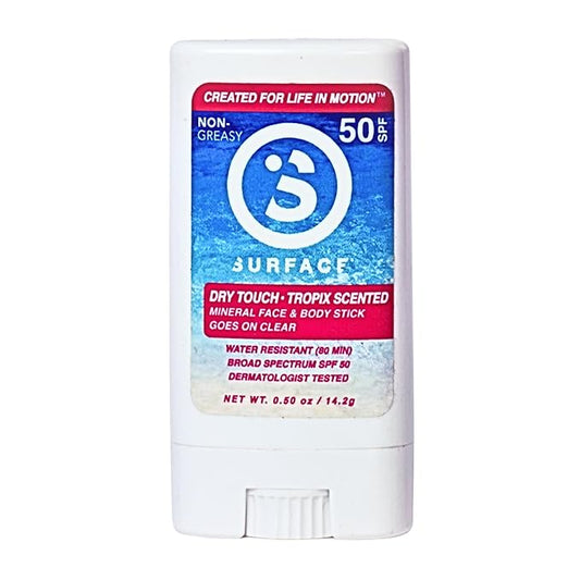 Surface Mineral Face Sunscreen Stick, Dry Touch SPF 50, Broad Spectrum UVA UVB Sun Protection for Kids and Adults, Travel Friendly, Water Resistant for 80 Minutes, Tropical Scent, 0.5oz