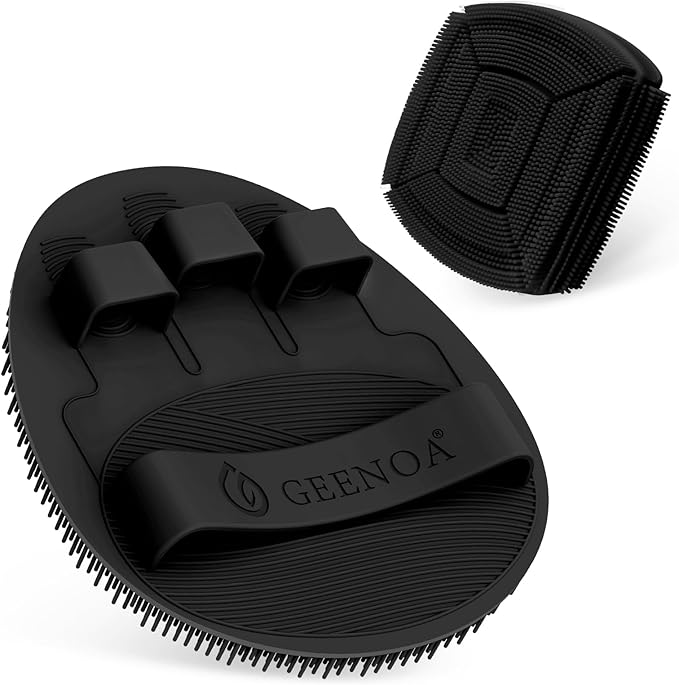 Soft Silicone Bath Glove & Face Scrubber Set 2PCS, 360° Anti-Slip & Hand-fit Body Scrubber for Rich Foaming Deep Cleaning, Unique Facial Scrubber with Side-bristles for Contoured Areas.(Black)