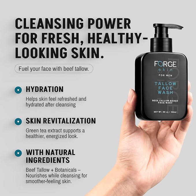 FORGE SKIN® Beef Tallow Face Wash for Men [TALLOW-BASED] - Morning Nourishing Hydrating Facial Cleanser - Gentle Cleansing Moisturizer for Hydration - Exfoliating Facial Skincare for Clean Skin (5 OZ)