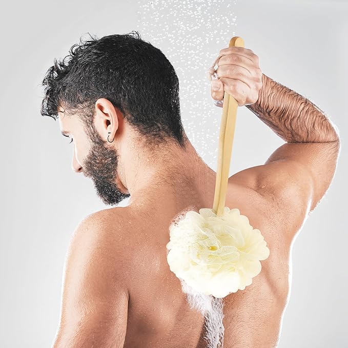 White Loofah on a Stick PE Soft Mesh Luffa Made of Soft and Sturdy Rubber Material Back Scrubber for Shower for Women and Men with String for Easy Hanging