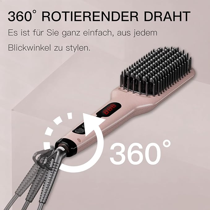 Updated 2025 MEGAWISE Hair Straightener Ceramic Brush ; Anti-Scald Dual Voltage Flat Iron Hot Brush | Rotatable Cord |Auto Shutoff | Anti-frizz |for All Hair Types (Pink)