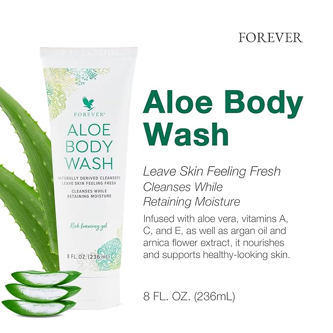 Forever Diving - Forever Aloe Body Wash - Sulfate-Free Cleanser with Aloe Vera, Argan Oil & Vitamins A, C, E - Inviting WoOzods & Amber Scent - 8 Fl