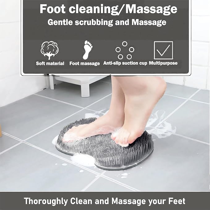 Shower Foot and Back Scrubber Mat,Wall Mounted Shower Foot Scrubber with Suction Cups,Exfoliating Silicone Massage Foot Cleaner for Shower(Grey)
