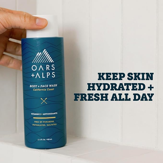 Oars + Alps Body and Face Wash for Men, Mens Body Wash & Face Cleanser with Vitamin E and Antioxidants, Moisturizing, Hydrating, Paraben & Sulfate Free Cleanser, California Coast, 3pk