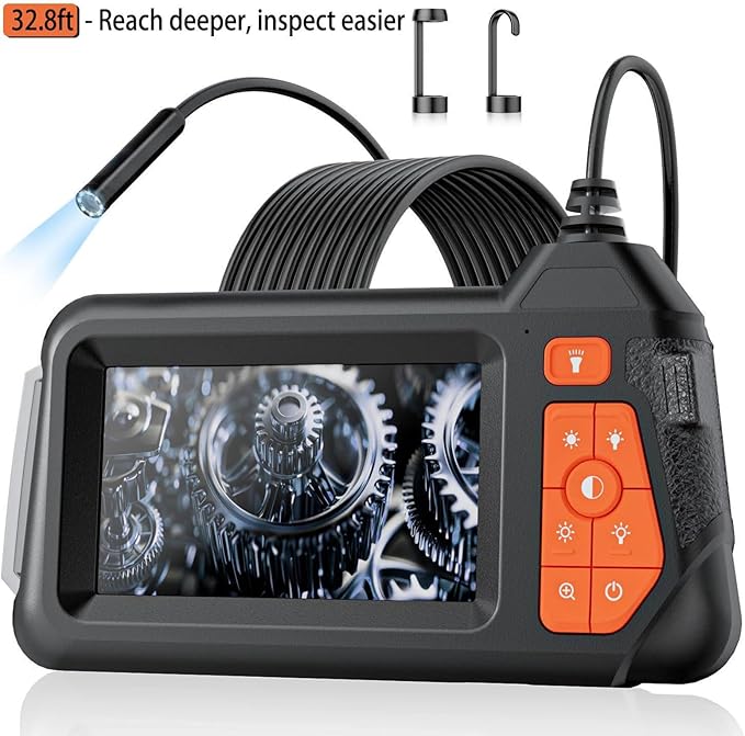 32.8FT Flexible Borescope Camera- 4.3" 1280P HD, IP67 Waterproof Industrial Endoscope Camera for Sewer/Automotive Pipe/Wall Inspection,1pack