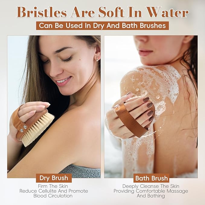 Dry Brushing Body Brush - Natural Boar Bristle Dry Body Brush for Lymphatic Drainage, Cellulite, Blood（Medium Hardness）