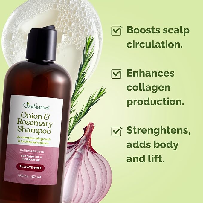 Just Nutritive Onion & Rosemary Shampoo for Hair Growth, Thickening, Strengthening - Sulfate-Free, Enriched with Red Onion Oil, Rosemary Oil, Tea Tree - 16 oz