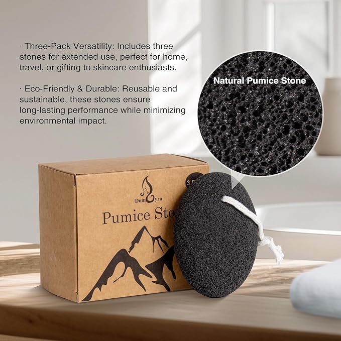Natural Pumice Stone Set - 3-Pack Oval-Shaped Volcanic Lava Foot Scrubber Files for Callus, Corn, Cracked Heel, and Dead Skin Exfoliation, 4 x 2.8 x 1.6 Inches