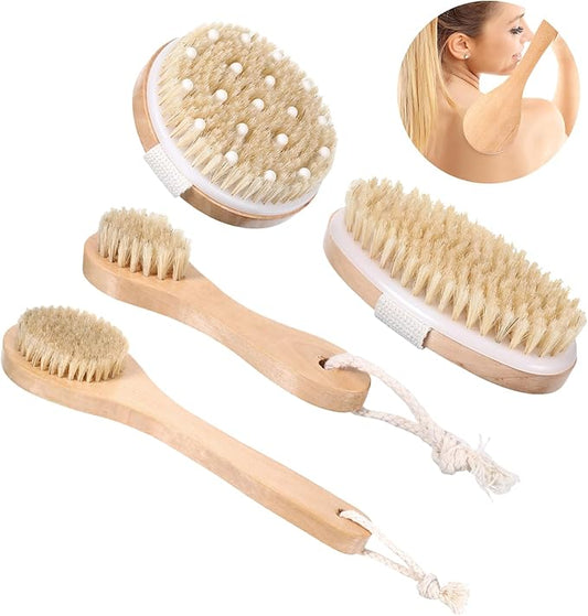 4PCS Dry Brushing Body Brush Set, Bamboo Dry Brush for Lymphatic Drainage Cellulite Exfoliating Body Face Treatment, Boar Bristle Face Cleansing Shower Back Scrubber Brushes
