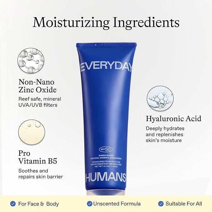 Everyday Humans Sheer Guard Natural Mineral Sunscreen SPF 50 3.4 oz | Zinc Oxide, Clean, Reef-Friendly Travel Size Face and Body | Fragrance-Free, Water Resistant UVA/UVB Protection | Beach Defence