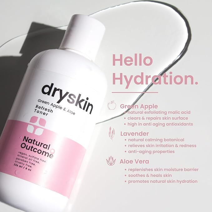 Hydrating Face Toner for Dry Skin Witch Hazel, Green Apple & Aloe Vera Facial Astringent by Natural Outcome Skincare, Gentle Soothing Cleansing Water Lotion 8 oz