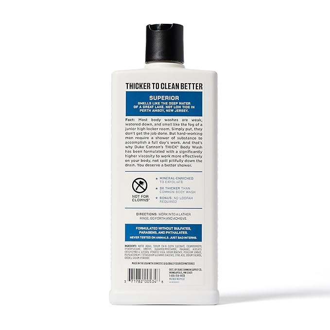 Duke Cannon Supply Co. Thick High Viscosity Body Wash - 3X Thicker, Plant-Based, Mineral-Enriched Body Wash for Men - Mens Body Scrub - Sawtooth, Bourbon, Midnight Swim & Superior