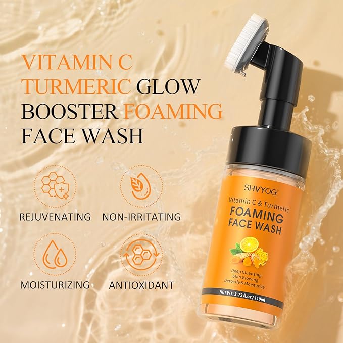 SHVYOG Vitamin C Turmeric Face Wash, Turmeric Foaming Facial Cleanser for Dark Spot, Uneven Skin Tone, Skin Cleansing, Moisturizing, Exfoliating Facial Cleanser with Brush,Unisex