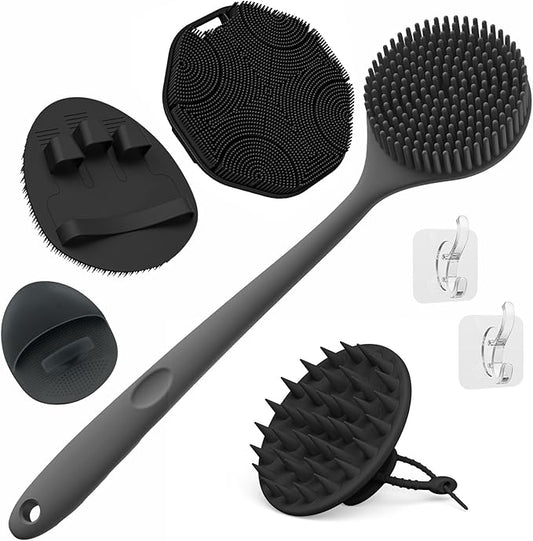 Manmihealth Silicone Back Scrubber & Soft Bath Glove, Silicone Scalp Massager Set 5 PCS, Super-Exfoliating Body Scrubber Shower Brush & Shampoo Brush Combination, with 2 Free Hooks (Style 1 Black)