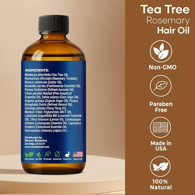 Tea Tree Rosemary Oil for Hair Growth 2 fl oz - Scalp Treatment with Castor, Frankincense & Avocado Oils - For Dry, Damaged Hair - Nexon Botanics