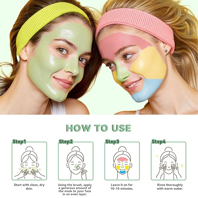 4Pcs Clay Mask Set, Kaolin Facial Spa Kit for Pore Cleansing & Glowing, Hydrating Mud Cream Wash-Off Mask for All Skin Types, Women and Men (70g*4+Brush)
