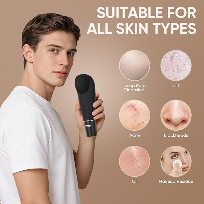 Silicone Face Scrubber Blackhead Scraper Rechargeable 2-in-1 Facial Cleansing Brush & Skin Spatula Duo, IPX7 Waterproof Exfoliating Massager Deep Cleansing for Women and Men（Black）