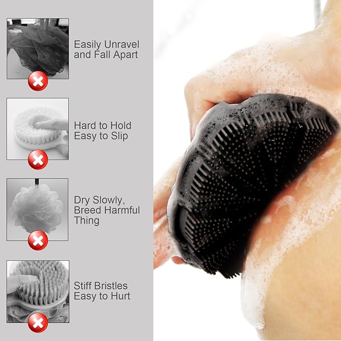 Silicone Body Scrubber Shower Brush, Exfoliating Body Wash Scrubbers for All Skin Types, Ergonomic No-Slip Handle, Body Brush for Showering (Black)