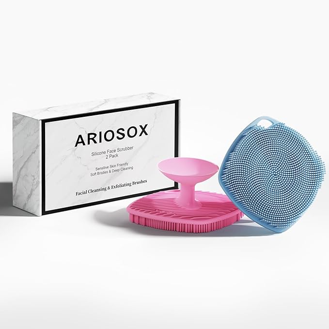 2 Pack Face Scrubbers, Silicone Face Scrubber Soft Bristles, Gentle Lather, Exfoliating & Deep Cleaning for Sensitive Skin, Giant Suction Cup Stick Securely, Easy to Store (Pink + Blue)