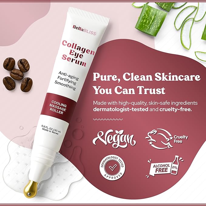 BellaBLISS Collagen Eye Serum with Cooling Roller – Under Eye Treatment for Puffiness, Dark Circles & Fine Lines – Anti-Aging, Hydrating Formula – Made in Korea – 20 ML – Pack of 2