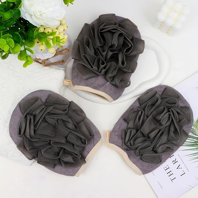 3 Pack Bath Loofah Body Sponge Brushes Loofah Exfoliating Glove Bath Shower Glove with Flower Bath Ball Bath Shower Loofah Sponge for Women and Men (Gray)