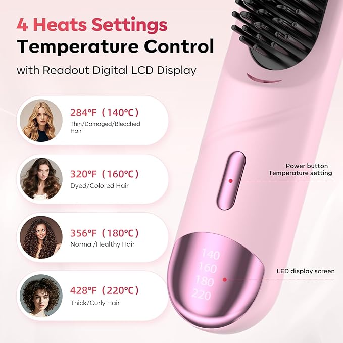 Go Brush Pro 2025 Hair Straightener Brush 300 Million Negative Ionic Portable Hair Straightener Comb for Women with 4 Temps Fast Heating MCH Ceramic Coating Smooth Frizz Hair Light Pink