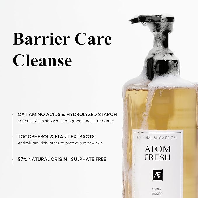 Atom Fresh Fine Fragrance Body Wash – Comfy Woody Scent | Gentle Amino-Acid Cleanser with Oat, Soapberry & Vitamin E | Plant-Based & Sulfate-Free, 16.94 fl oz