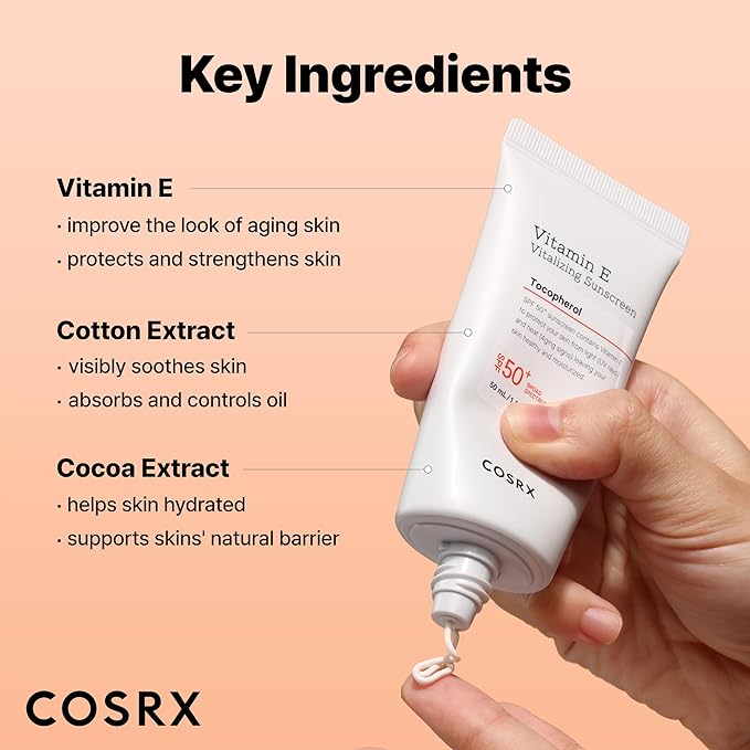 COSRX Vitamin E Vitalizing Face Sunscreen SPF 50, 1.69 fl oz, SPF Moisturizer, Lightweight under Makeup, Summer Travel Essentials, Korean Skin Care, Korean Sunscreen for Face, Stocking Stuffers