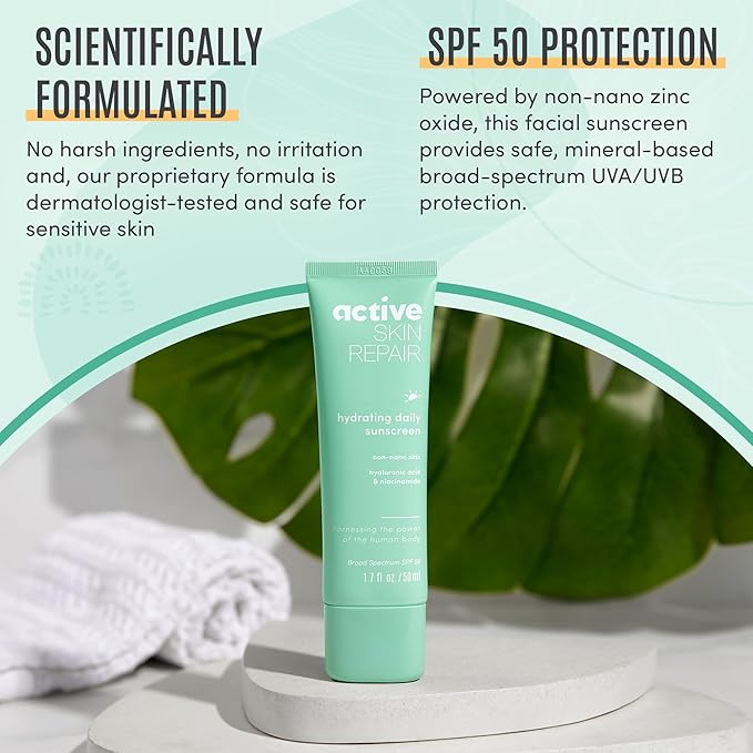 Active Skin Repair SPF 50 EWG-Certified Hydrating Daily Sunscreen and Face Moisturizer, Non-Nano Zinc, Non-Toxic Broad Spectrum Protection Hydrating Mineral Facial Sunscreen, 1.7 fl. oz.