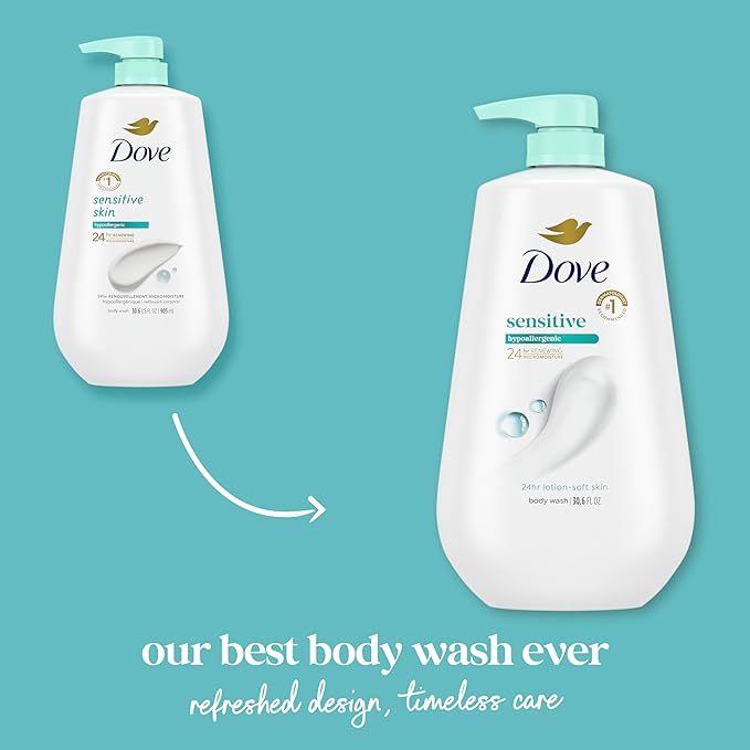 Dove Body Wash 3 Count Sensitive Skin For 24hr Lotion-Soft Skin Moisturizing Skin Cleanser Gentle Hypoallergenic Formula with No Sulfates No Parabens