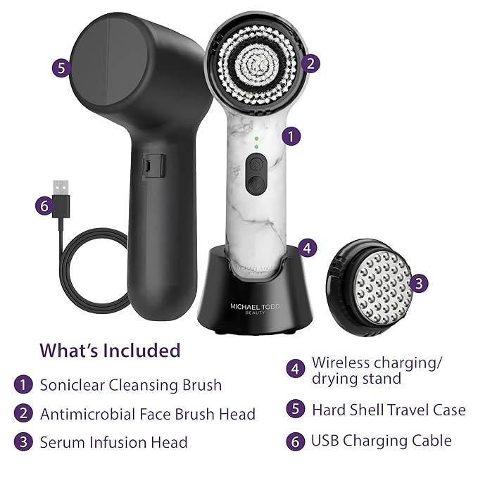Michael Todd Beauty Soniclear Allure 2024 Best of Beauty Winner Facial Cleansing + Exfoliation Brush System with 4 speeds, Serum Infusion Head + Travel Case